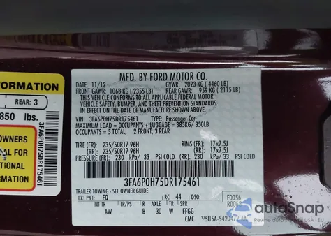 2013 Ford Fusion Se из США, поврежденный, VIN 3FA6P0H75DR175461